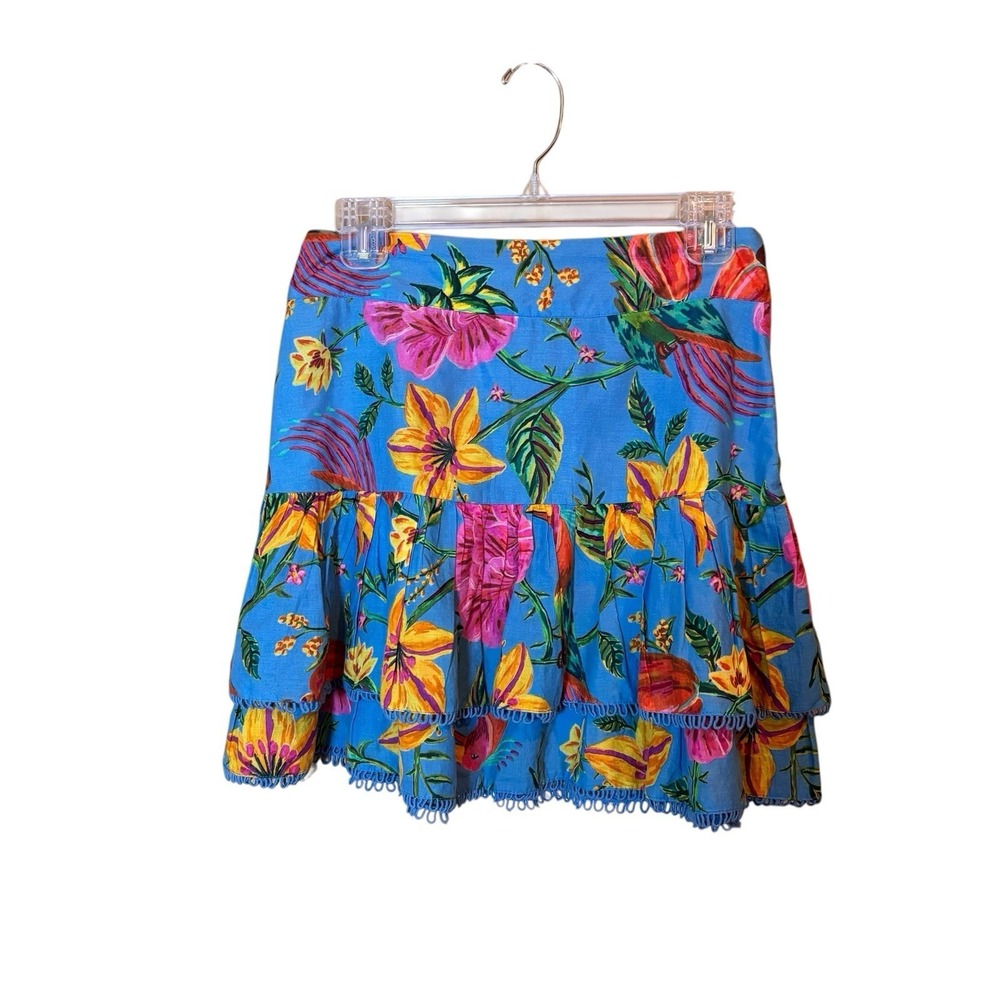 Farm Rio Toucans Garden Tiered Mini Skirt Blue Tropical Floral Cotton Size Small